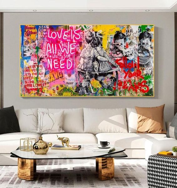 Banksy Art Love é tudo o que precisamos de pinturas a óleo sobre tela de arte de arte de graffiti Wall Street e impressões decoração decorativa de casa5138066