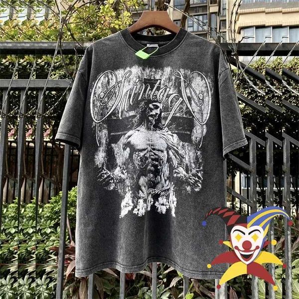 Männer T-Shirts gewaschen Saint Michael T Shirt Männer Frauen Vintage Jesus Druck schwerer Stoff Top Tees T-Shirt J240409