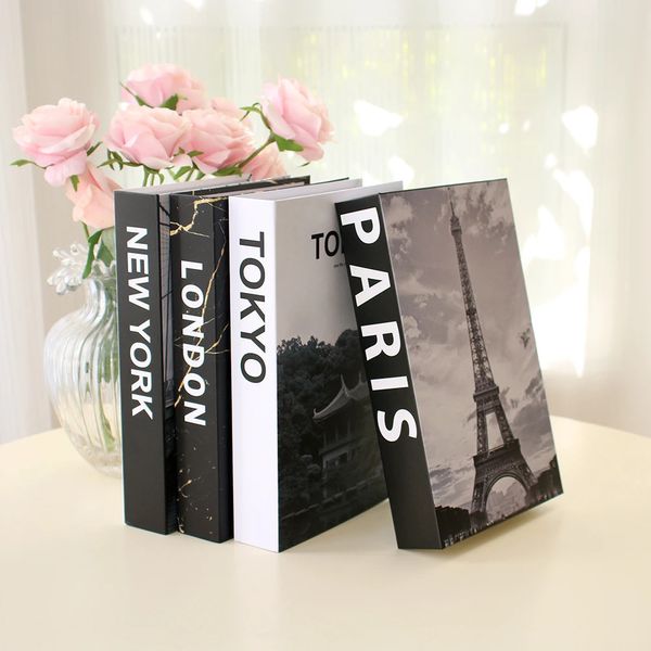 Livros falsos simples para decoração mesa de café moderna caixa de livros remotos armazenamento Paris London York 240407