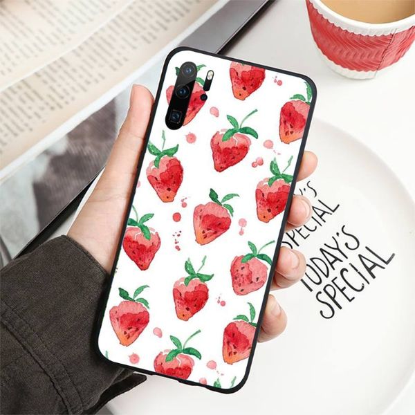 Niedliche Erdbeerblumen Telefonhülle für Huawei P50 P50 P30 P30 Pro Lite P Smart 2021 2019 Magic 3 Soft Black Phone Cover