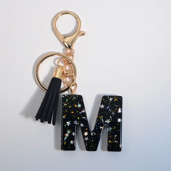 Klassiker Black Quastel 26Letter Keychain Multi-farbige Glitterstar Harz Keyring für Frauen Mädchen Auto Handtasche Telefon Hülle Ansicht