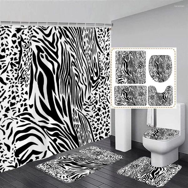 Duş Perdeleri Siyah ve Beyaz Leopar Perde Seti Soyut Geometrik Stripes Modern Banyo Banyo Dekor Mats Tuvalet Kapak