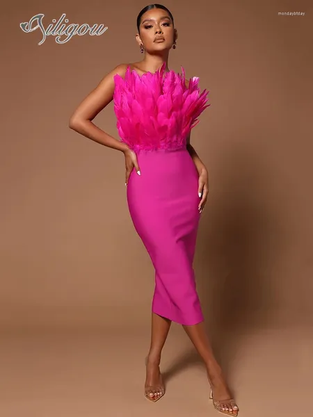Lässige Kleider Ailigou 2024 Frauen sexy trägerlose Rückenless Feder Midi enge Verbandskleid Designer Fashion Party Club Vestido