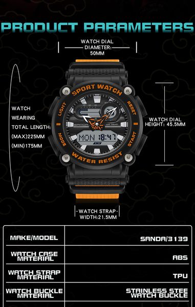SANDA Digital Watch Men Military Sport Cronografo Data Quarzo Orologio da polso Originale 50m Waterproof Male Electronic Orologio 3139