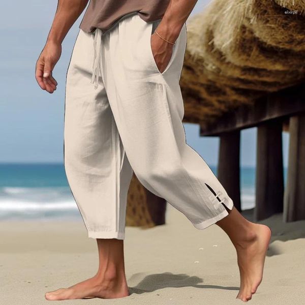 Calça masculina 2024 primavera no verão panteda de calça de praia lase fino fino fenda lateral respirável para homens vintage cor de cor de coloração sólida calça calçada