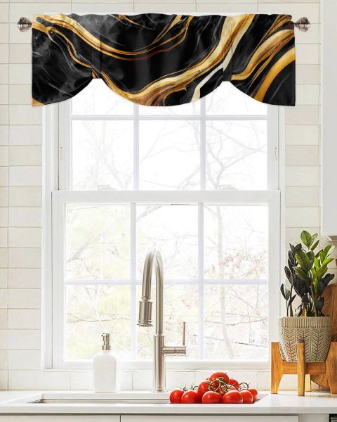 Marble Gold Texture Black Kitchen Valão Cortina Janela Valância para Livro Amarração de Valão Cortina de Valance Cortina