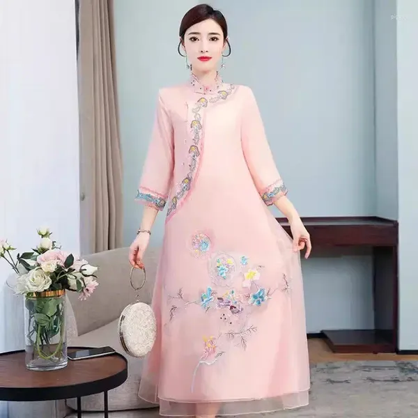 Gelegenheitskleider chinesischer Stil Frauenkleidung 2024 Sommer Ethnische elegante Retro Stickerei Organza Qipao verbessert das Cheongsam Kleid K578