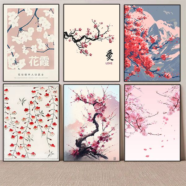 Japanische Kirschblüte Vintage Poster Print Botanische Muster Blume Blume Leinwand Gemälde Ästhetische Wandkunst Mädchen Traumzimmerdekoration