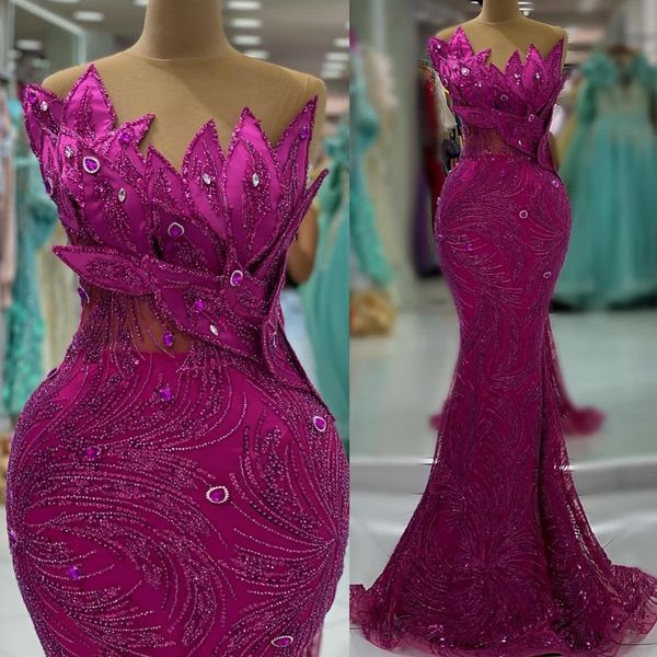 EBI Arabo Aso Fuchsia Mermaid Prom Dress Cristalli sequestrati in pizzo Formale Formale Secondo ricevimento di abbigliamento abiti da fidanzamento