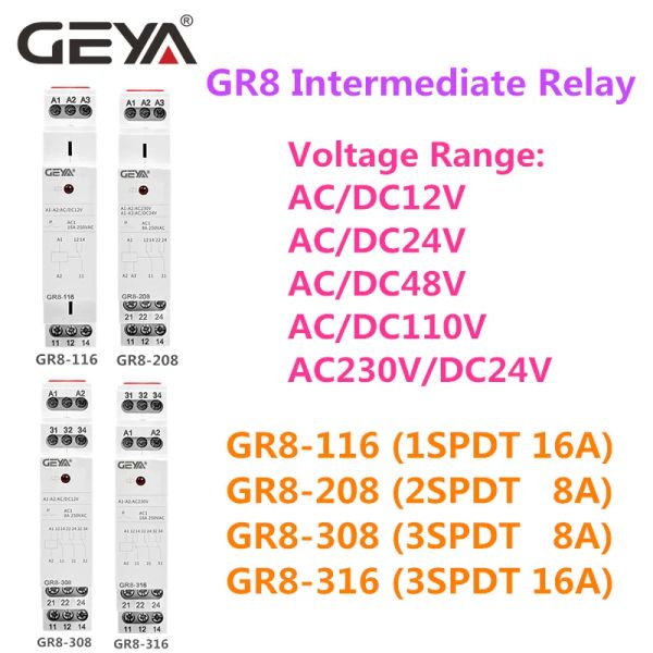 GEYA GR8 AC110V 230V Relè ausiliario di relè intermedio 8A 16A SPDT Interruttore di relè elettronico