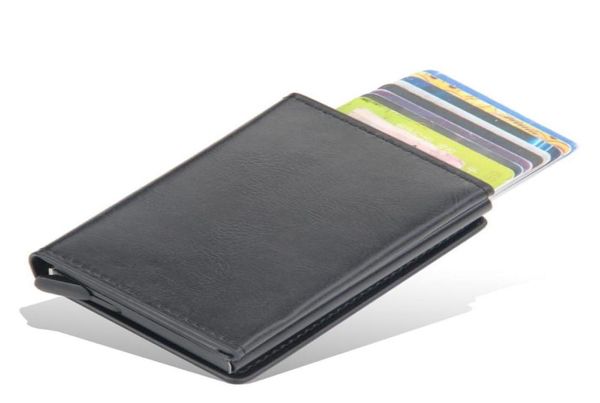 Titulares de cartão 2022 RFID Holder Wallet Men Women Solid Leather Aluminium Box aparece automaticamente por titular do cartão com botão magnético1745564