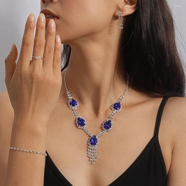 Brincos de colar definir aihua luxuoso brilhante azul gemito de cristal zircônia anéis de pulseiras para mulheres jóias de casamento de noiva
