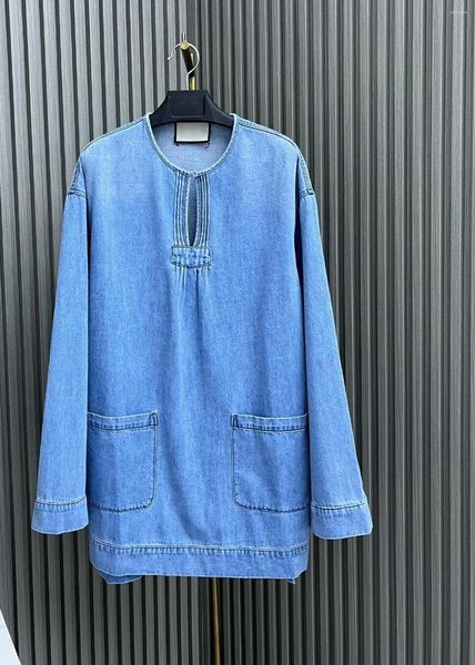 Vestido de manga comprida de jeans feminina importou a tensilk de algodão decote de algodão escavado