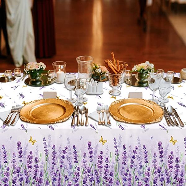Toalha de mesa de retângulo de lavanda roxa, verão aquarela florescendo a tampa da mesa de borboleta floral para festas de casamento tapete de piquenique