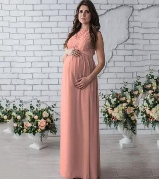 Ärmellose Sommer Neue Mutterschaft Spitzenkleid Frauen Kleidung Pofrore elegante schwangere lange rosa Kleider6275823