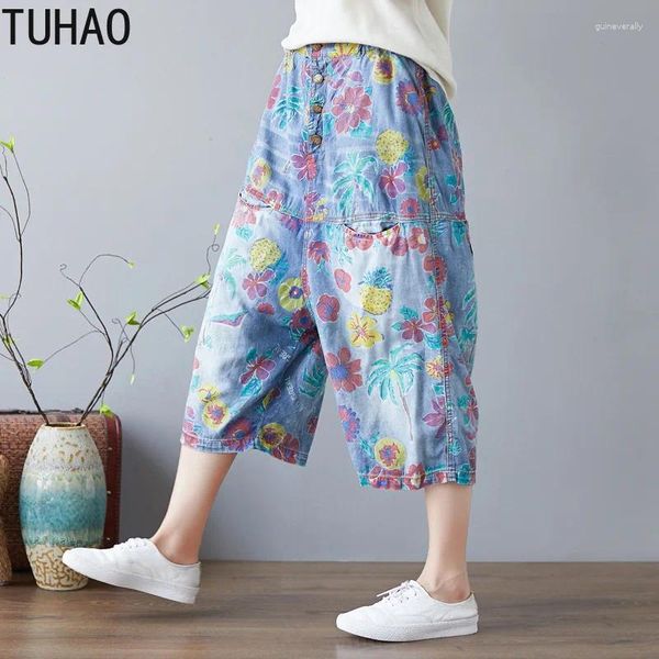 Frauen Jeans Sommer Frauenhosen Blumendruck Patchwork Ethnische Kreuzhose Elastizität Taille Wide Leg Llj