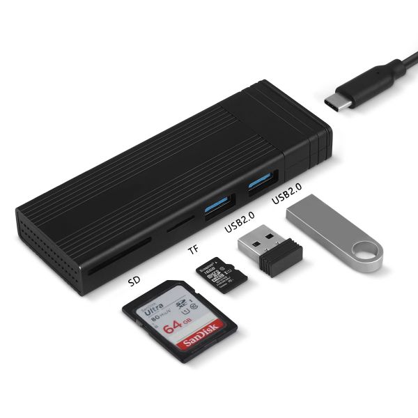 Gabinete M.2 NVME Adaptador de gabinete SSD Ferramenta Free, USB 3.1 Gen 2 10 Gbps SSD Reader com 2 Port USB Typea Hub, Caso do NVME de Cartão SD TF NVME