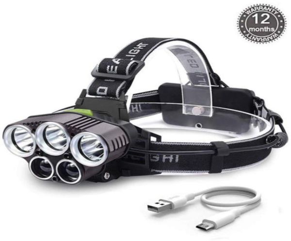Super brilhante 5000lm 5x XML T6 LED LED Recarregável Usb Headlamp Light Light Zoomable impermeabilizado 6 modos Torch para pescar camping Hunt5881201