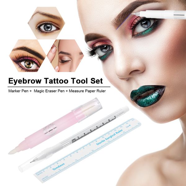 3pcs Tattoosing Skin Marker Pen с измерением бумажной линейки +магический ластик для удаления ручка с перманентным макияжем татуировки