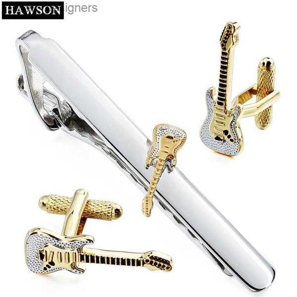 TIE Clips Hawson Marka Mücevher Kuflinks Tie Pin Set Gitar Teması 1 Set Perakende Kelepçe ve Klip Klip Seti Moda Erkek Aksesuarları Y240411