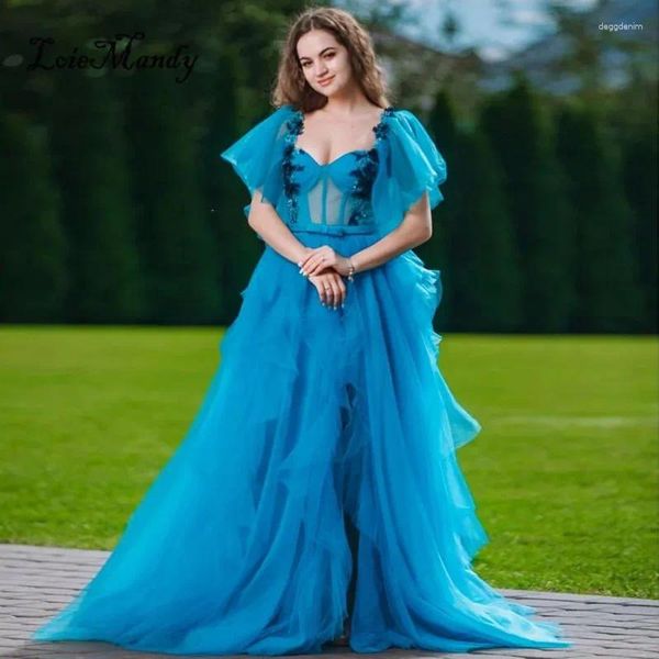 Abiti da festa abito da ballo azzurro con fronzoli ariosi eleganti abiti da sera del tipo di corsetto per donne Applique in pizzo Vestidos de Noche