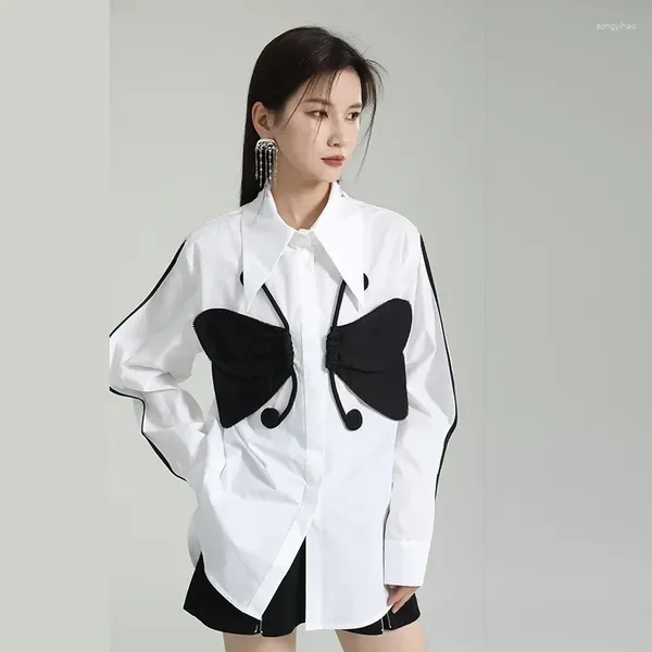 Blusas femininas camisas de lapela brancas para mulheres tridimensionais de borboleta de manga comprida Tops de nicho de personalidade de emagrecimento solto