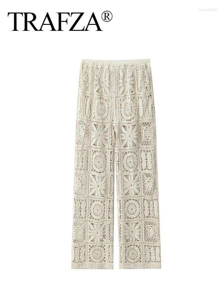 Calça feminina Trafza Summer Long Woman 2024 Trendy Beige High Hook Flor Hollow Out decorar calças elásticas femininas