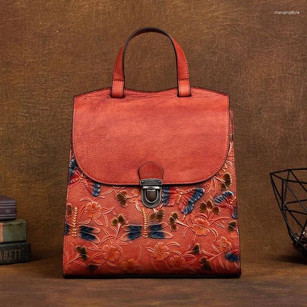 Bolsas escolares vintage backpack de couro genuíno mulher floral de primeira camada viagens de luxo de luxo