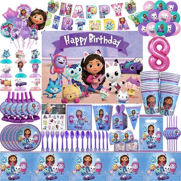 Gabby Doll House Birthday Decorazioni per feste usa e getta di carta per tavolo da tovagliolo adesivi per le forniture per baby shower per bambini