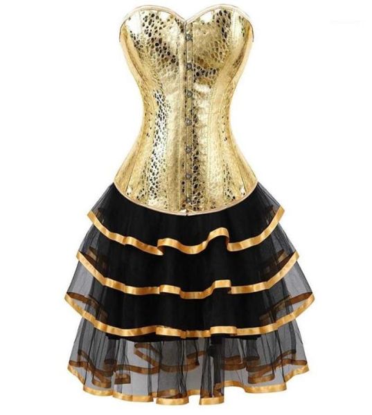 Leder Korsett Bustiers Röcke Kleider Tutu Burlesque Plus Größe Sexy Korselett Overbust Kostüm Cosplay Gothic Gold mit Bling13496711