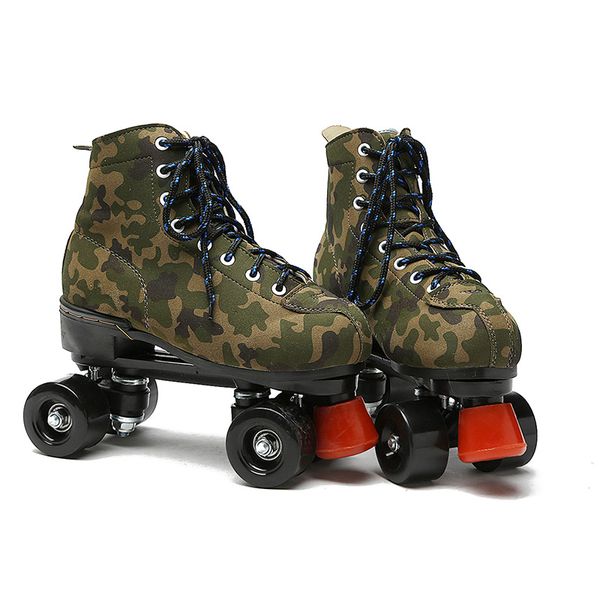 Взрослые Quad Roller Skates Кожаные роликовые коньки с двойной линией коньки две линейные туфли патины с черными колесами PU 4