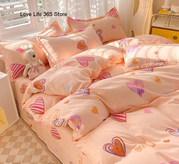 Copertina trapunta per il cuore a strisce arancioni rosa singolo doppio foglio con dimensioni matrimoniali con set di biancheria da letto con federa in stile coreano morbido