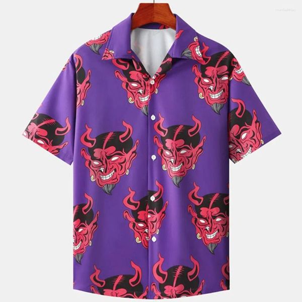 Herren lässige Hemden Hawaiian Hemd für Männer Kubaner Kragen Devil Print Modus Streetwear Sommer Kurzarm Top Trendy Kleidung