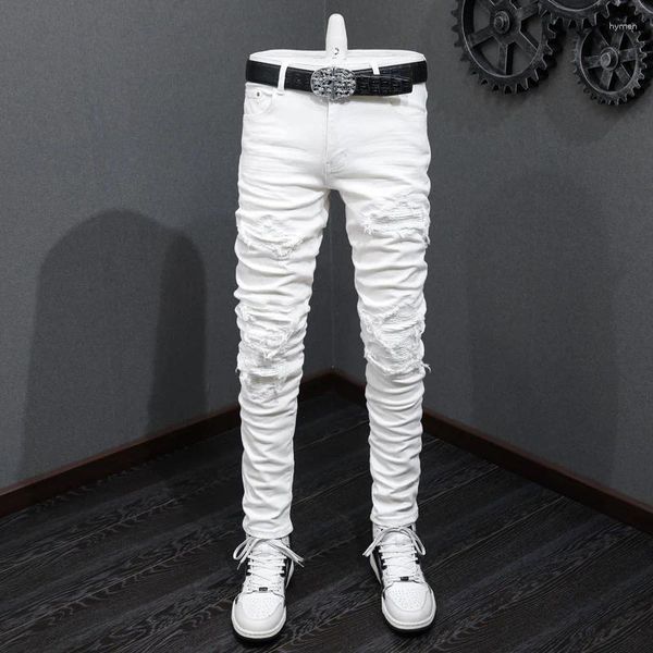 Herren Jeans Street Mode Herren Skinny Punkhose Weiße Elastizitätsriss gerissener gepflasterter Designer Hip Hop Brand Hombre