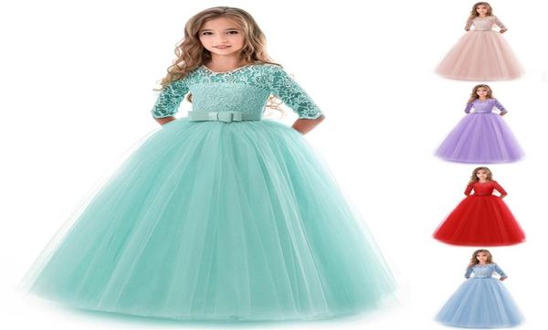 Mädchen Kleid Prinzessin Kleid 5 Farben Langarm Langer Rock Bow Mesh Lace Party Kleider Prom Kleid EJY8065812605