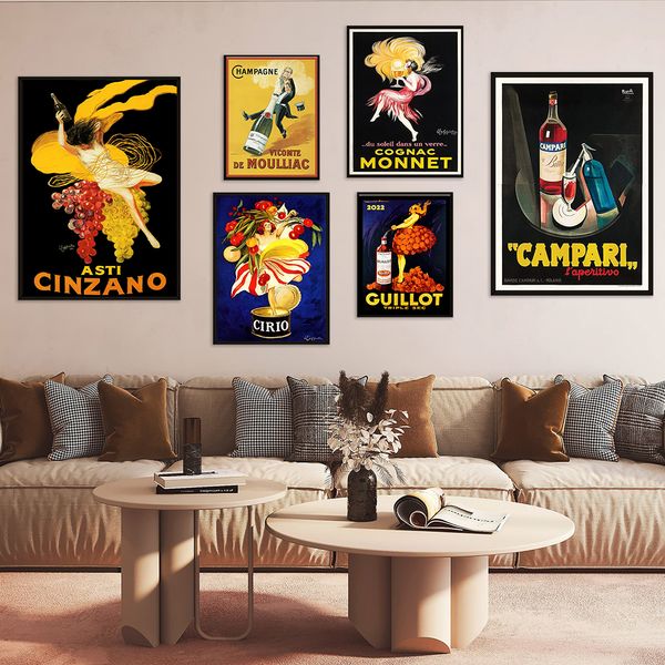 Vintage Fooddrink Werbung Poster Champagner Campari Wandkunst Leinwand Malerei Alkoholabdruck Bild für Wohnzimmer Bar Dekor Dekor