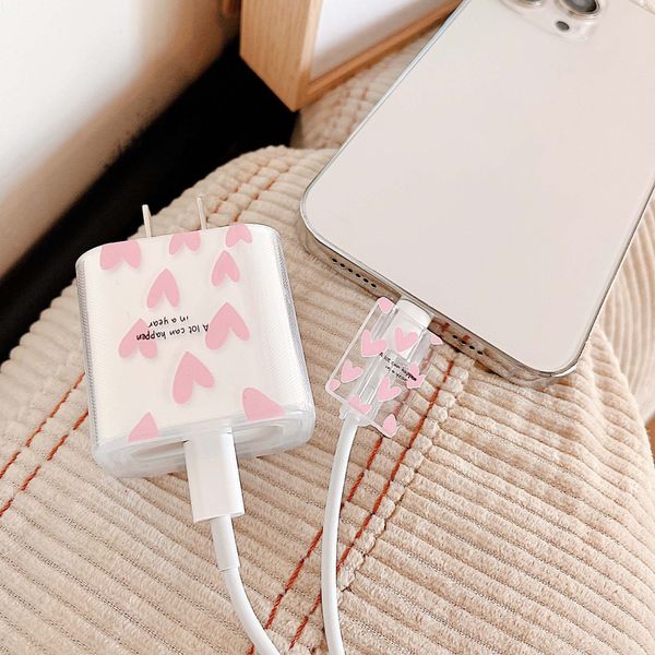 Pink Love Heart TPU TPU Dust Hust Aurod Bite Linea USB Cavo di ricarica Caricatore Caricatore di Caricatore di Caricatore per Apple IPhone 18/20W