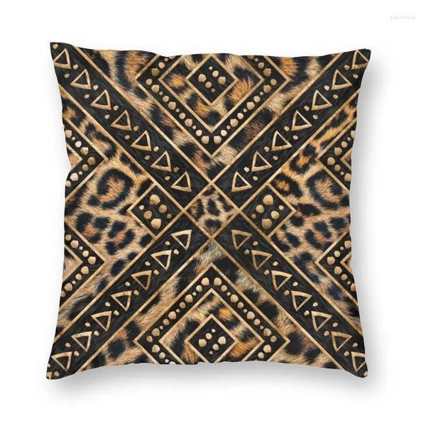 Travesseiro de pêlo de leopardo vibrante com ornamentos étnicos cobre decoração de decoração 3D de pele de animal impressa dupla face para sofá