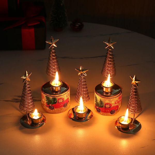 Weihnachtsbaumkerzenhalter Metall Drahtstar Stern Weihnachtsbaum Doppelte Kerzenlestick Ornamente Tabletop Hochzeit Navidad Home Decor