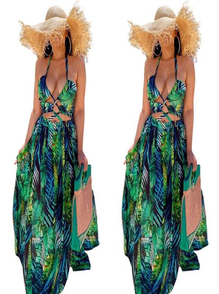 Foglie verdi Stampare donne Domande abiti abitanti sexy Halter Neck senza schiena Cavalca A abiti da festa Real Image Summer Beach Dress3046135