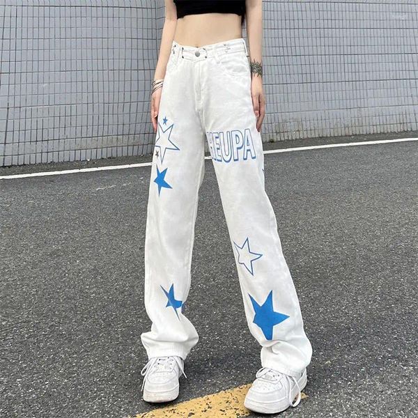 Frauen Jeans Hip Hop Streetwear Frauen Weißer Frühling Herbst Wide Leghose Stars Print Mode übergroß