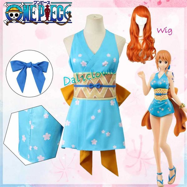 Anime -Kostüme Anime Wano Country Nami Cosplay Kostüm Wanokuni Nami Sexy Kimono Kleid Halloween Kostüm Perücke für Frauen 240411