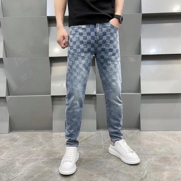 Herren Jeans Leicht Luxus High-End Fashion Square Plaid gedrucktes Design Slim Pass gerade leg trendige Hosen