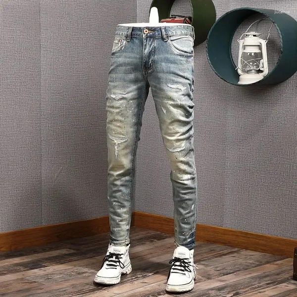 Мужские джинсы High Street Fashion Men Men Retro вымытый синий растяжение Slim Fit Ruped Designer Designer Hip Hop Denim Pants Hombre