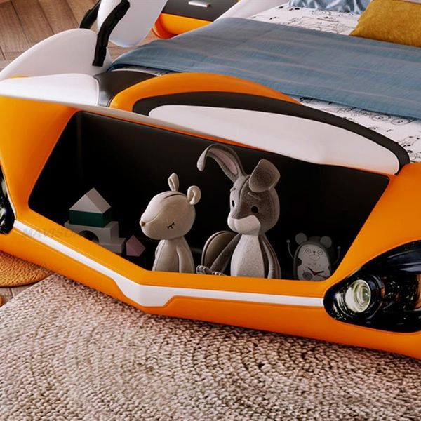 Cama infantil de novas modernas para meninos, mobília do quarto, forma de carro oculto de couro acabamento de tamanho completo Bases de cama de solteiro quadros