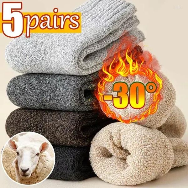 Meias masculinas 5Pairs contra Terry Warm Mulheres Snow Super Merino Merino Cold Homens de inverno Lã sólida