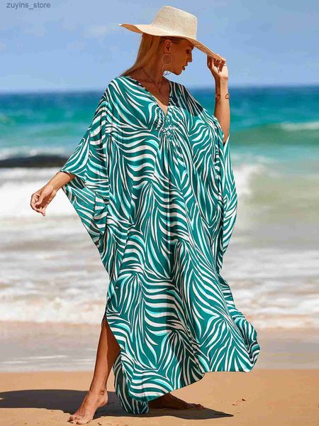 Basic lässige Kleider Boho Green Printing Beach Kleider Casual V-Ausschnitt Batwing Sleeve Side Split Kaftan 2024 Frauen Sommerkleidung Maxi Kleider Q1297 L49