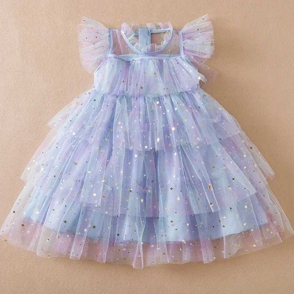 Mädchenkleider 2024 Sommer New Girls Party Kleid Regenbogen Pailletten Geburtstag Prinzessin Kostüme für Kinder Baby Holiday Beach Mesh Kuchen 3-8 Jahre