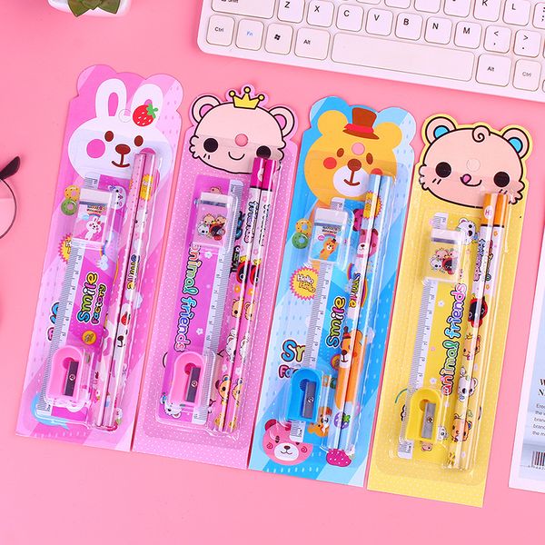 5pcs/Set Schullieferungen Kinder Schreibwaren Geschenkset niedliche Bleistift -Set Kawai Schreiben Stifte Spitzer Eraser Lineal Lineal