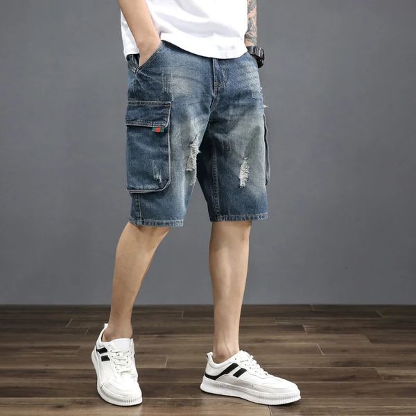 Pantaloni corti in denim corti estivi sciolti per buchi di moda coreana pantaloncini 240408